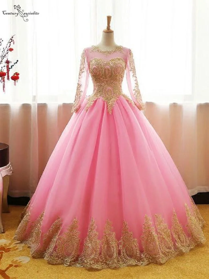 Розовое Бальное платье Бальные платья сладкий 16 с длинным рукавом золотой длиной