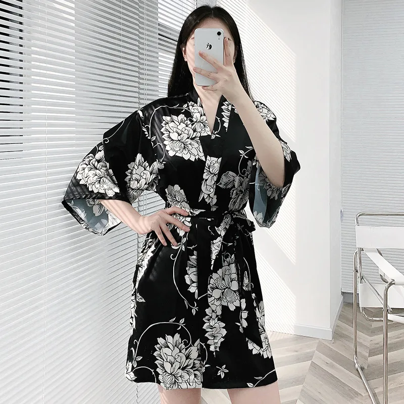 

ChunShang New Silk Nightgown Women Summer Thin Peony Print Home Service Cardigan Morning Gown Bathrobe