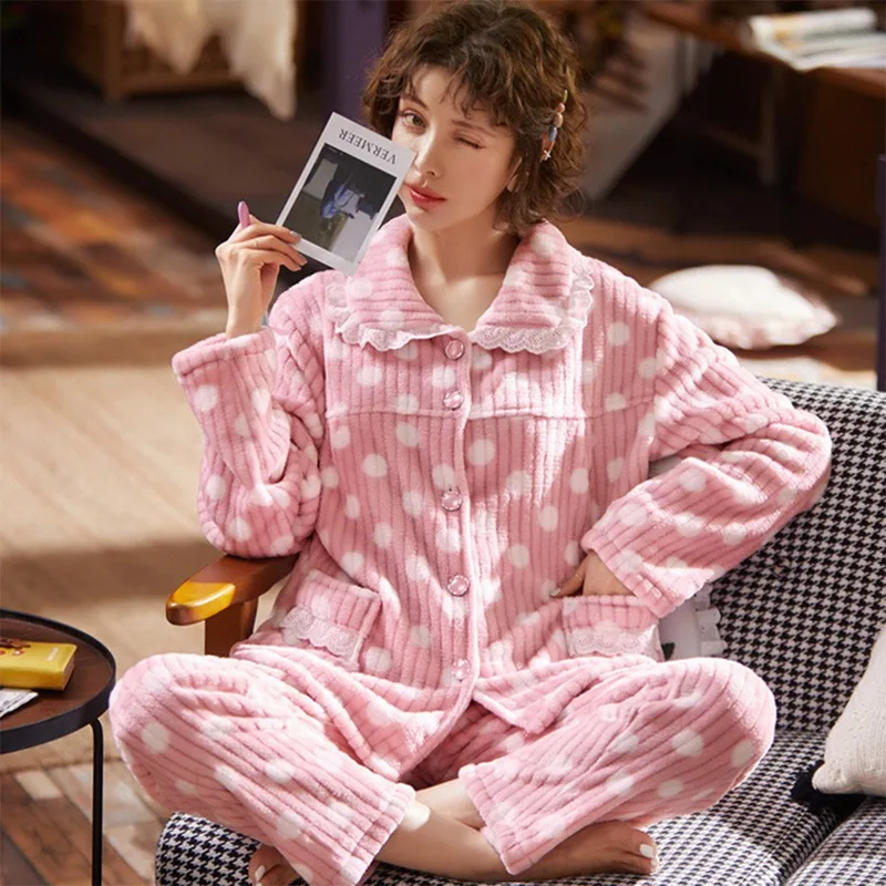

Cute Girls Pajamas Set 2021 Autumn Winter Warm Thick Flannel Pajamas Long Sleeve Leisure Sleepwear Women Nightwear Homewear Suit