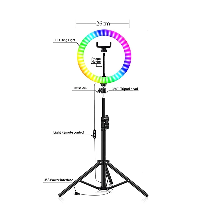 

RGB Selfie ring light with tripod Dimmable studio ring lamps with 2m stand led selfie ringlight lamp for tiktok youtube Live