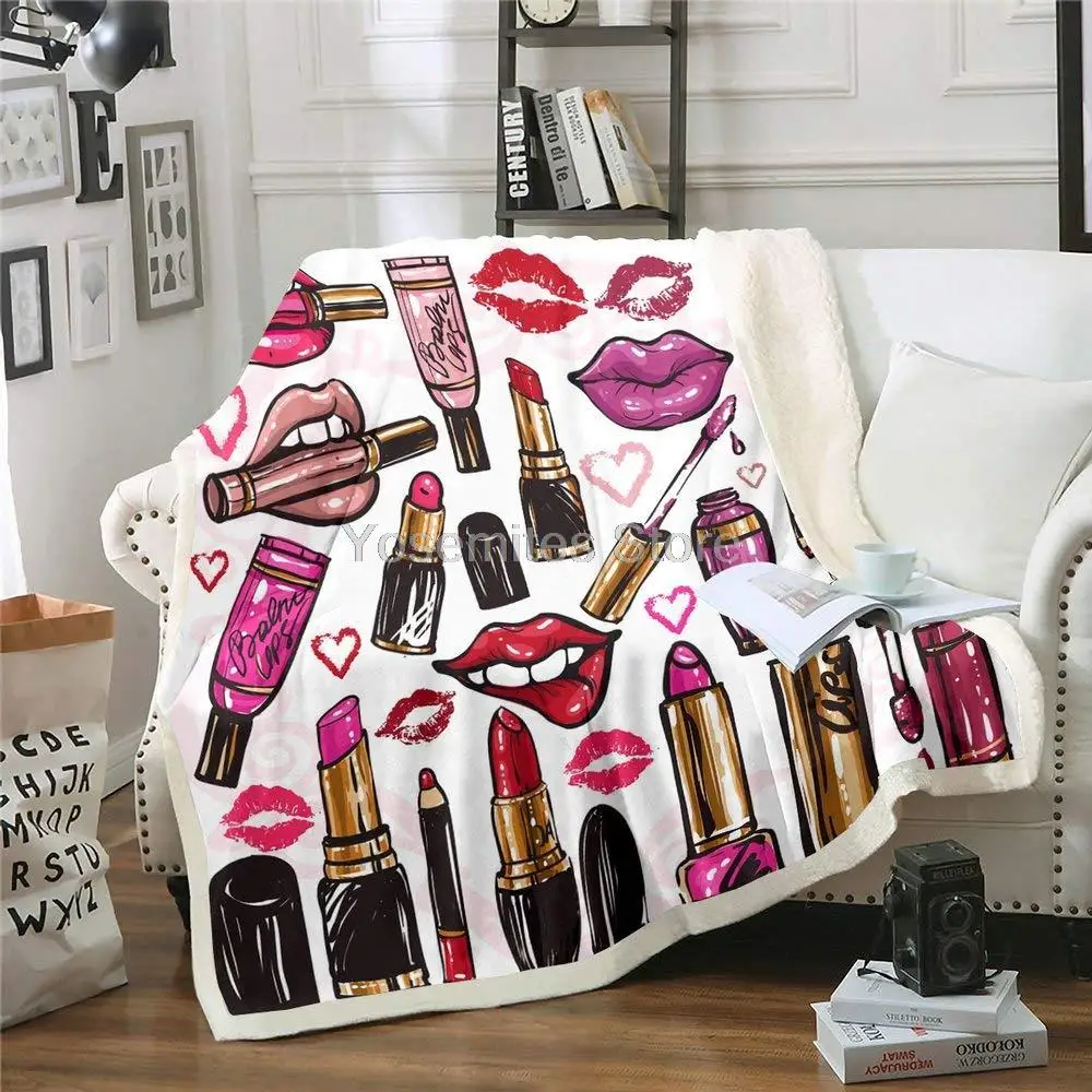 

Lipstick Sherpa Throw Blanket Fashion Girl Throw Blankets for Couch, Sofa Bed Living Room Sexy Mouth Makeup Sherpa Throw Bed