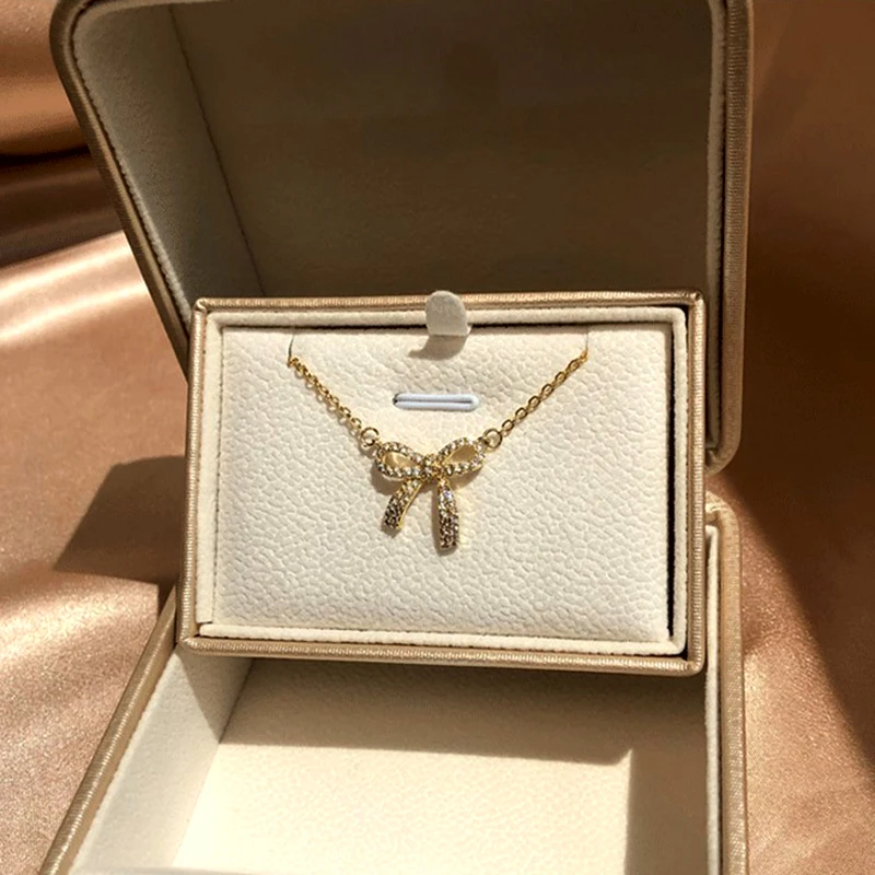 

New Korean Fashion Bowknot Pendant Chain Necklace for Women Temperament High Quality AAA Zircon Jewelry Party Ins Hot Gift