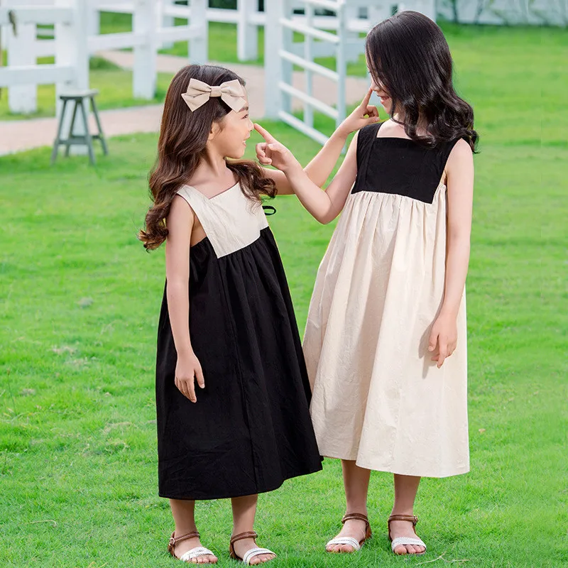 4 to 14 years kids &amp teens girls summer color block cotton casual flare midi dress sleeveless square collar vest | Детская одежда и