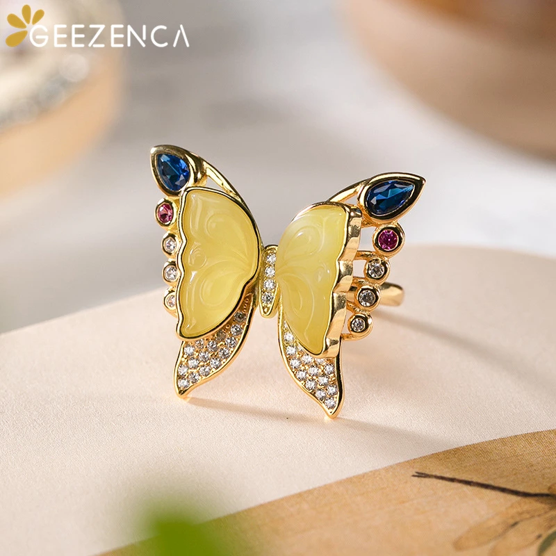

S925 Silver Gold Plated Amber Butterfly Ring For Women Zircon Trendy Resizable Cocktail Rings Fine Jewelry Gift 2021 Spring New