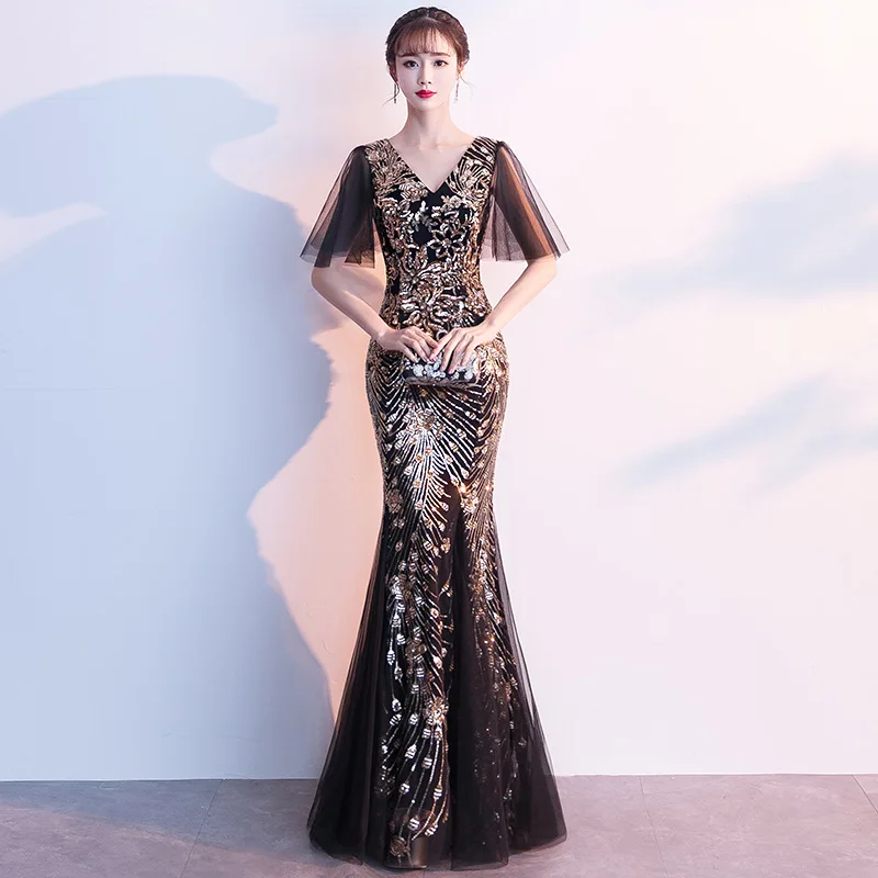 

Lace Sleeve Mermaid Evening Party Dress Qipao Women Slim Tight V-Neck Cheongsam Summer Sexy Chinese Dressing Vestidos De Festa