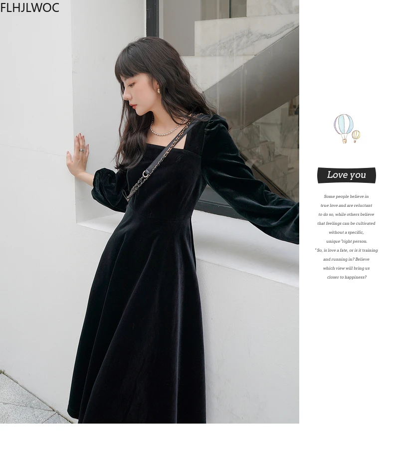 

French Fashion Elegant Style Women 2021 New Year Winter Spring Square Neck A Line Vintage Solid Black Dress O2556