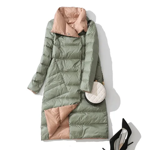 

Down jacket on both sides women's middle and long 2019 new Korean light stand collar white duck down coat