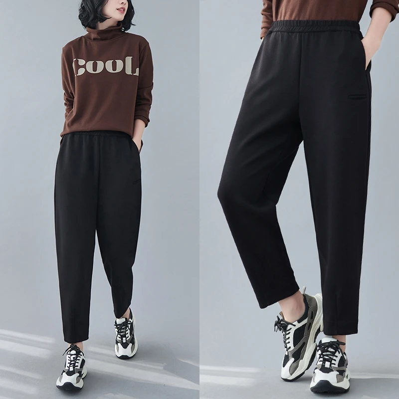 

Fall Winter Women Black Trousers Classic All-Match Chic Pockets Split Hem Space Cotton Soft Comfortable Loose Ankle-Length Pants