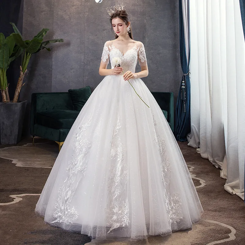 Luxury Wedding Dress 2020 New Style Bride Sexy Wedding Dresses O-neck Princess Dreamy Lace Up Dresses Plus Size Ball Gowns
