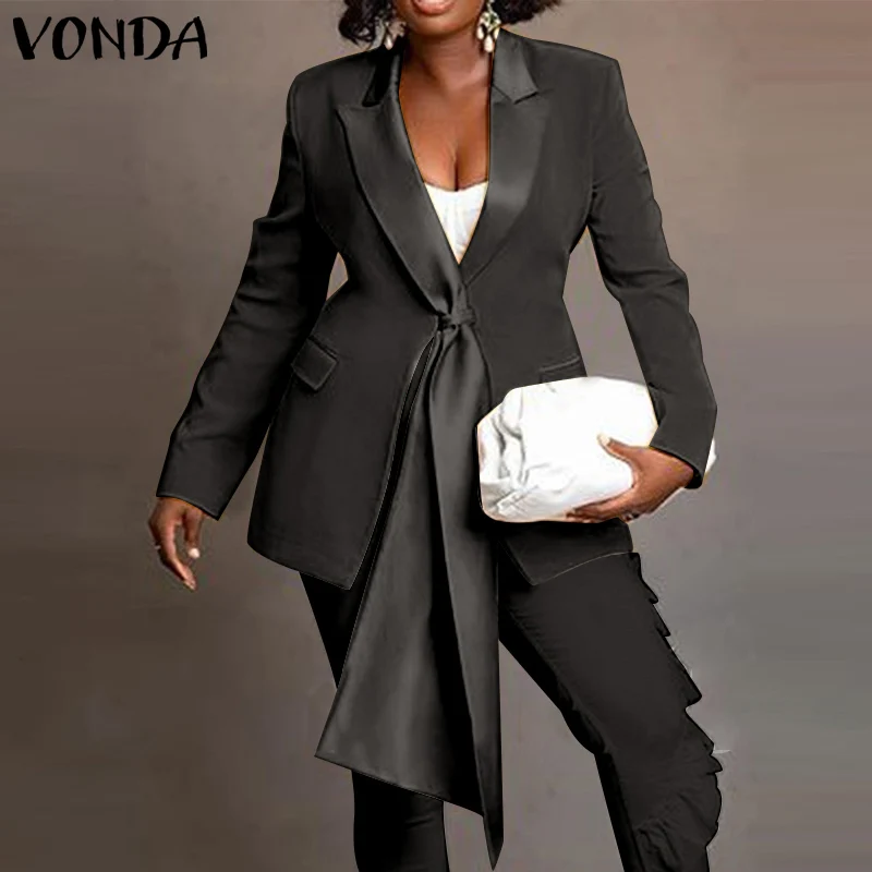 

VONDA Women Lady's Blazer Elegant Solid Color Pleated Long Sleeve Suit Blazers Casual Lapel Collar Button Up Coats With Pockets
