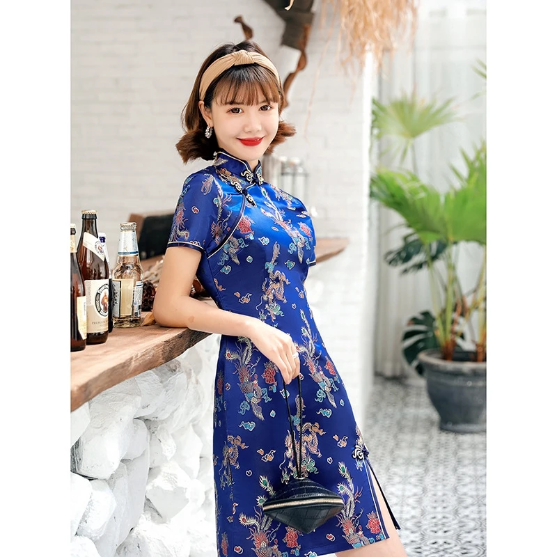 2023 New Summer Chinese National Short Cheongsam Dress Dragon Phoenix Women Split Mini Dresses Qipao |