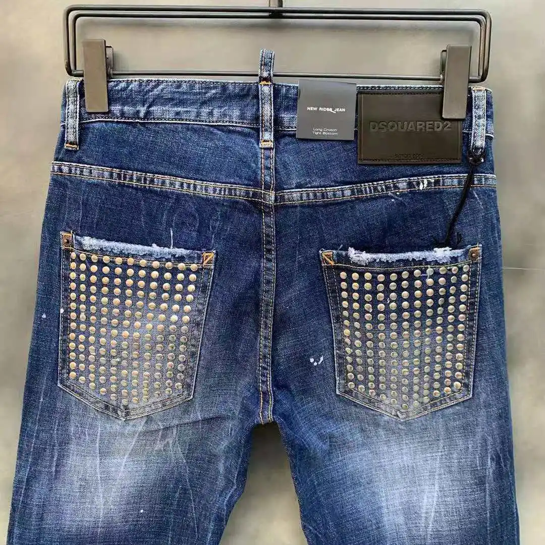 New DSQUARED2 Men's/Women's Ripped Jeans, Fashion Washed Frayed Patch, Paint Made Old Stretch Pants 005