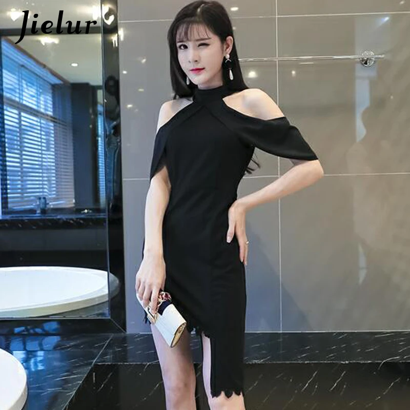 Женское платье с лямкой на шее Jielur сексуальное черное облегающее ТРАПЕЦИЕВИДНОЕ