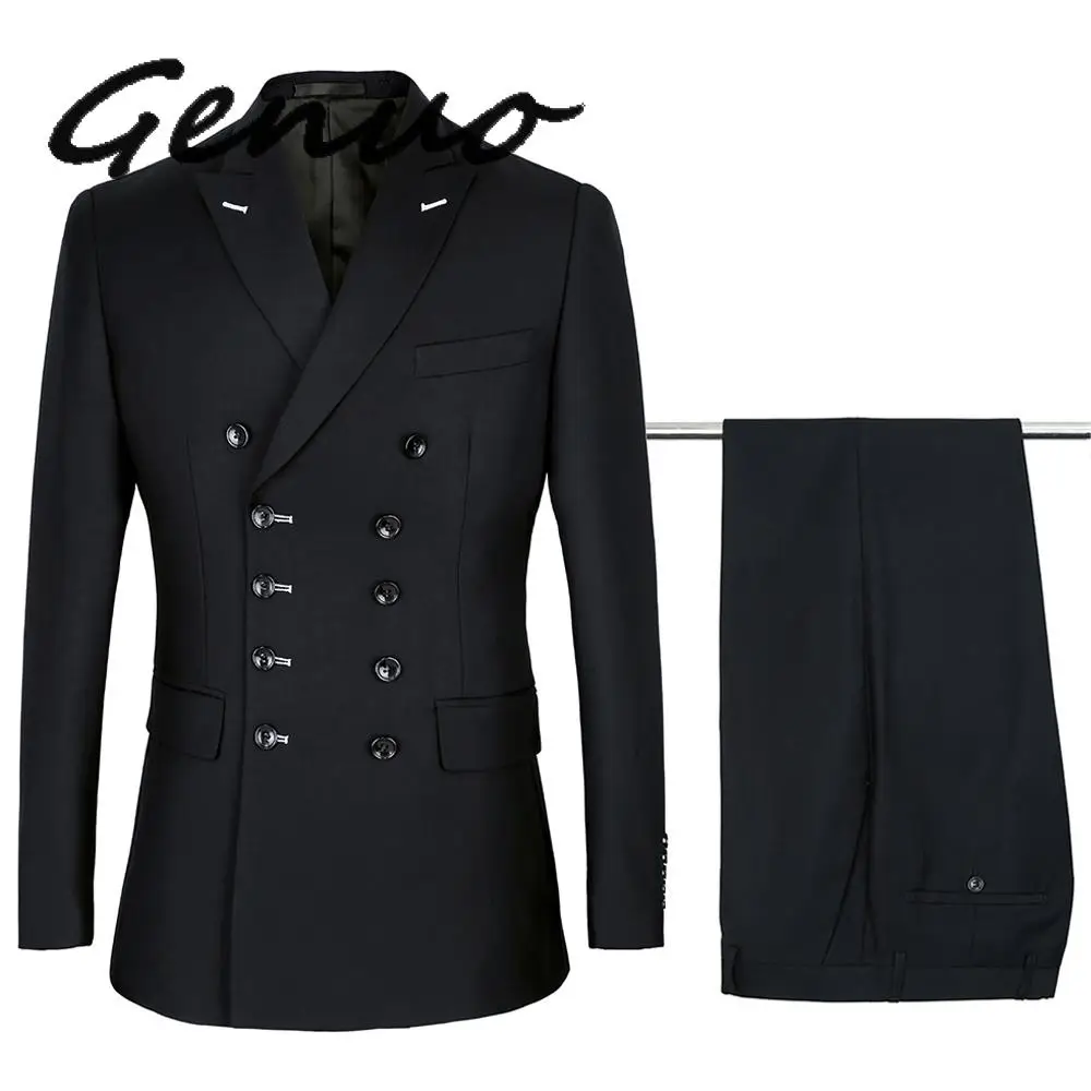 

Genuo Men Suits Slim Fit New Fashion Suit Double Breasted Peak Lapel Navy Blue Black Wedding Groom Party Prom Skinny Costume