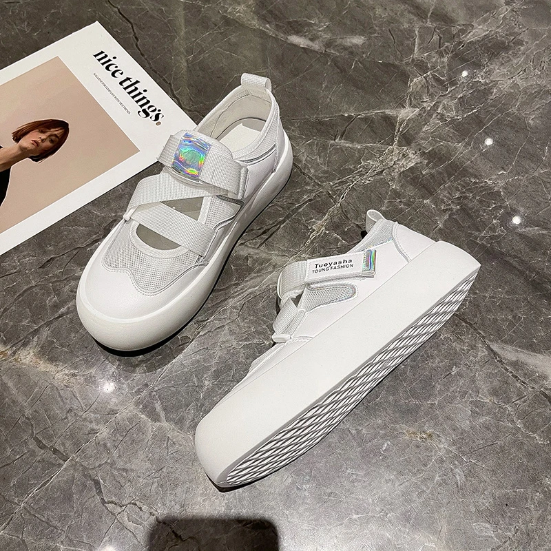 

Wohdhe White Vulcanized Shoes Flat Elastic Band Mesh Sneakers Platform Women's Athletic Walking Shoes Lady Thick Bottom Walking