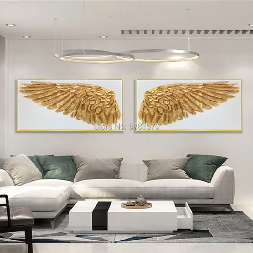Ручная роспись золотая птица Масляные картины Крылья Ангела стены Искусство