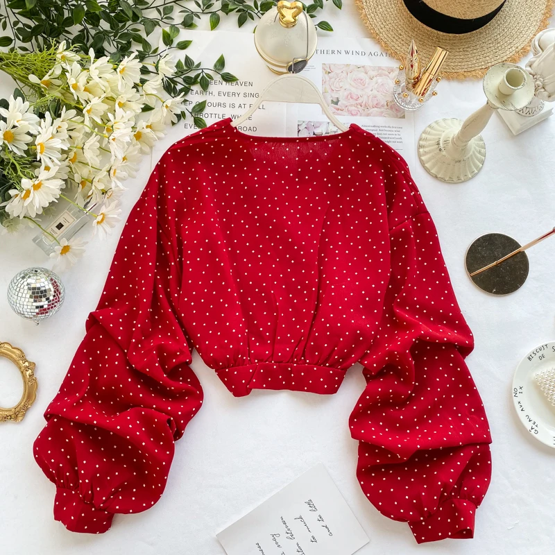 2019 Новая модная женская одежда осенняя рубашка с v образным вырезом и пышными