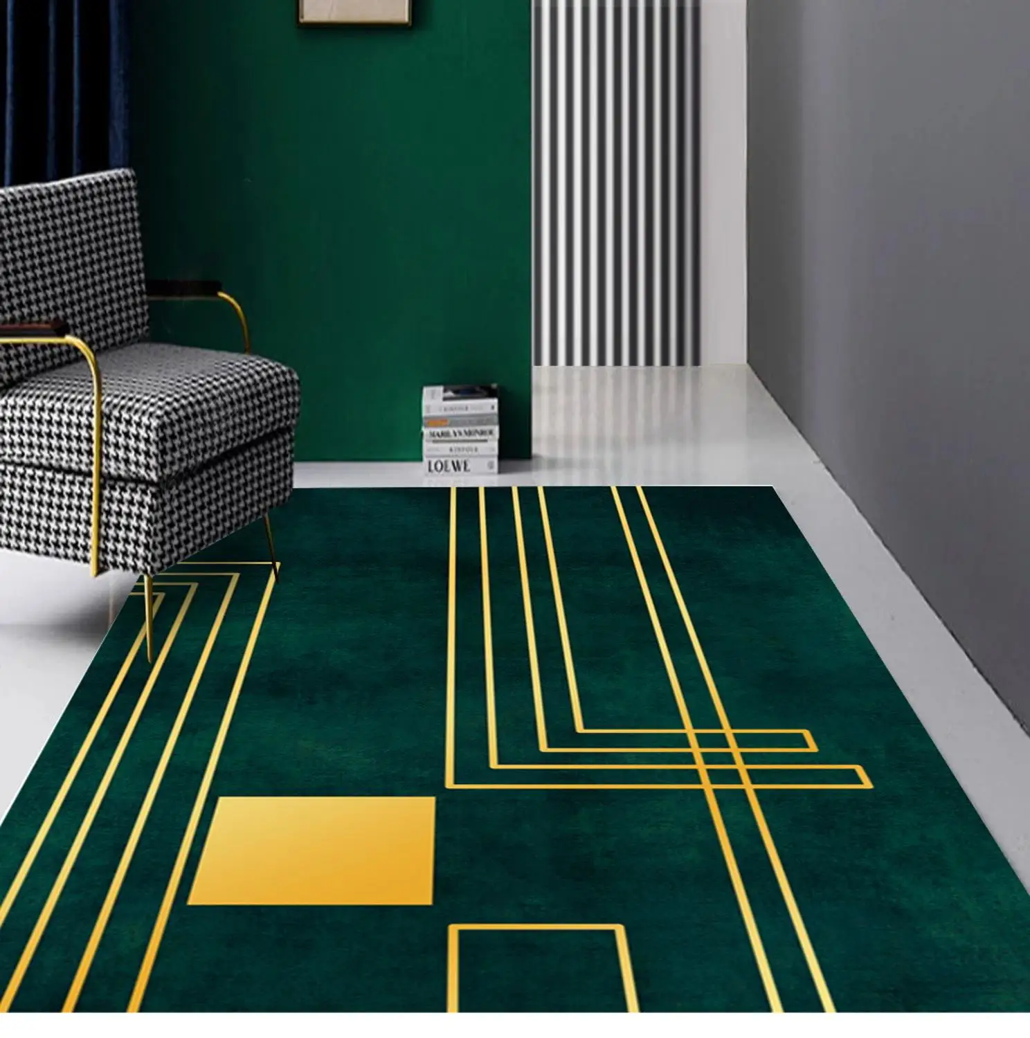 

Simple light luxury dark green golden geometric lines Carpet living room bedroom bedside carpet Large living room rug home