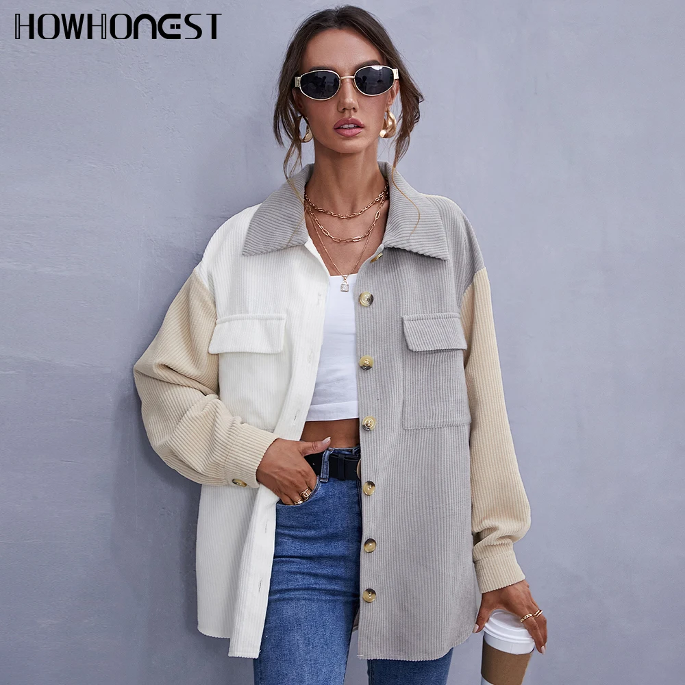 

Women's Shirt New Autumn Winter Corduroy European American Style Color Matching Single-breast Blouses And Shirts Ladies Tops