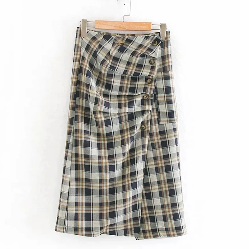 

Women New Elegant Bevel Button Half Split Folds Plaid Skirt Female Retro Vogue British Style Mid-Length Skirt With Side Pocket