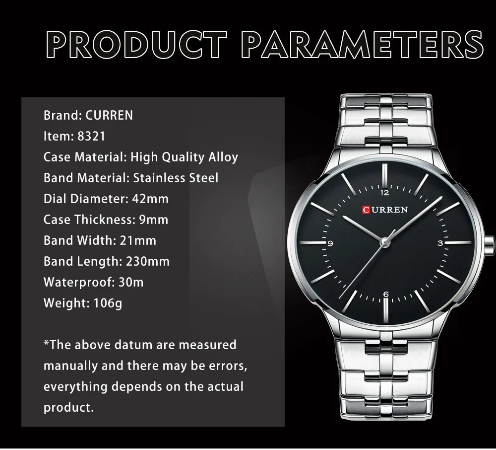 

CURREN Black Business Mens Quartz Wristwatch Waterproof Luxury Stainless Steel Top Brand Calendar Large Dial Clock