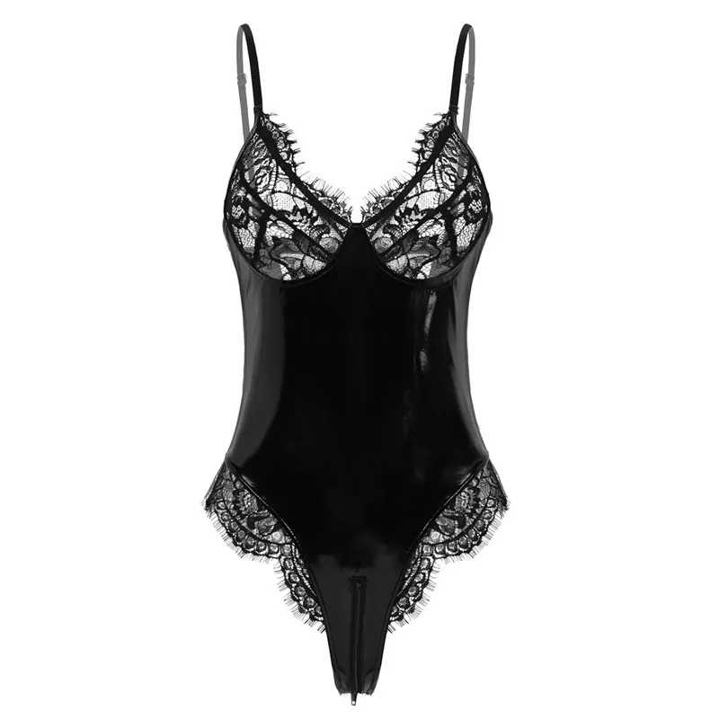 Black-Lace Cups Сексуальное женское цельное женское белье из лакированной кожи, боди с регулируемыми бретельками и глубоким v-образным вырезом - Цвет: Black-Lace Cups
