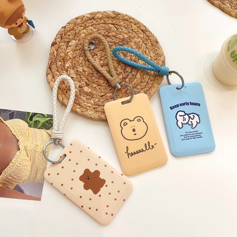 

Original Ins Hard Shell Card Holder Clip Cute Bear Plastic Bus Subway Id Holder Lanyard Meal Card Women Card Holder Sleeve Kawai