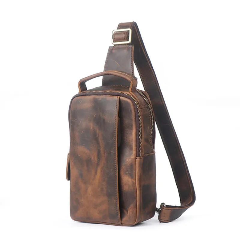 

2022 New Vintage Leather Men's Chest Bag Casual Men Shoulder Messenger Bags Travel Chest Pack Bag Head Layer Crazy Horse Leather