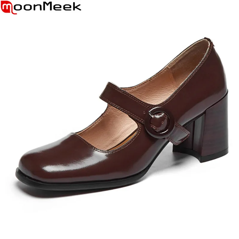 

MoonMeek 2021 Genuine Leather Women Pumps Thick Heels Square Toe Sweet Party Wedding Shoes Spring Summer High Heels Shoes