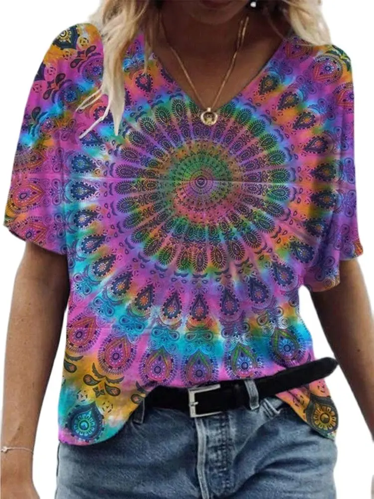 

Summer Plus Size Women Clothing V-Neck Short Sleeve Loose Painting Print T-Shirt Oversize Casual Floral Butterfly Top Tee 2021