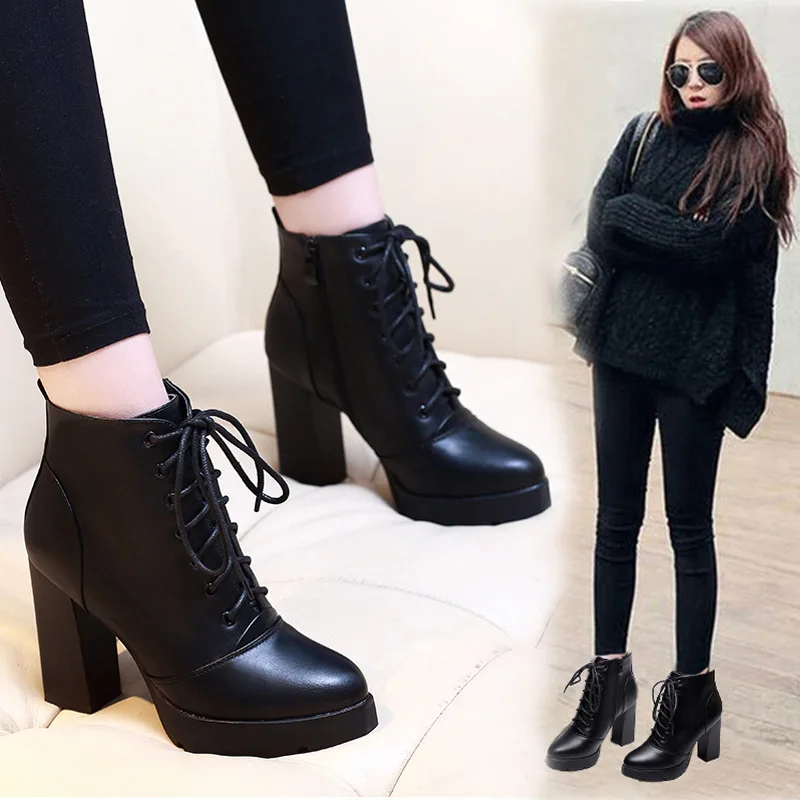 

short boots waterproof thick heel high heel short boots lace boots and boots