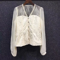 high quality silk blouses 2022 spring summer fashion tops women v neck sequined lace patchwork long sleeve apricot black tops