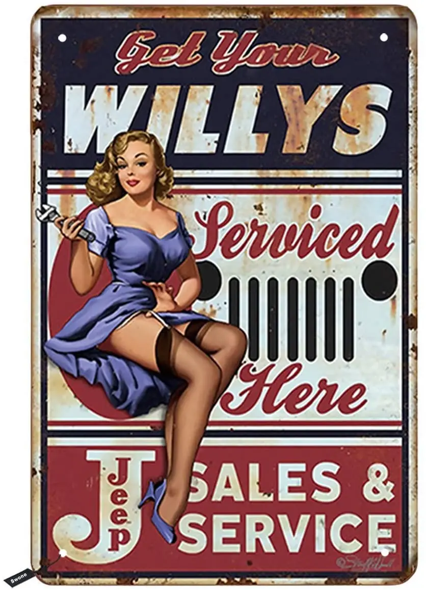 

Kalynvi Get Your Willys Tin Signs,Pin Up Girl Serviced Here Vintage Metal Tin Sign for Men Women,Wall Decor for Bars,Restaurants