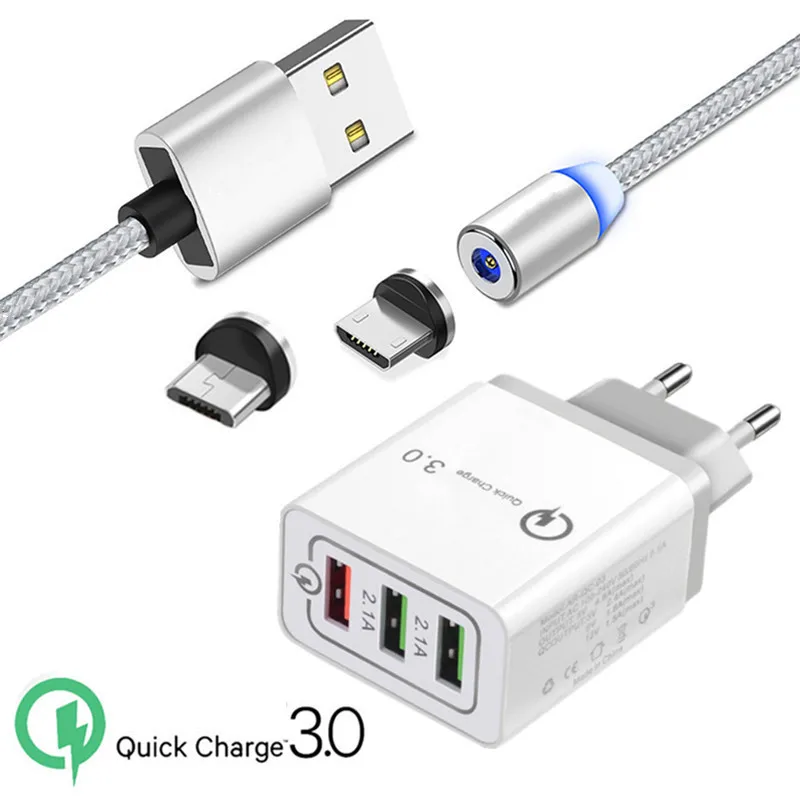 EU charger and cable Магнитный микро-usb кабель для зарядки samsung Galaxy A10 J8 J6 J4 A2 ядро мобильного телефона QC 3,0 USB быстрое зарядное устройство Xiaomi 7A Redmi 5 6 7 - Тип штекера: EU charger and cable