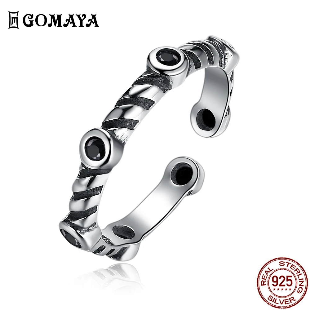 

GOMAYA 925 пробы Серебряное регулируемое дизайнерское креативное кольцо с черным цирконием, ювелирное изделие, Подарок на годовщину для девушк...