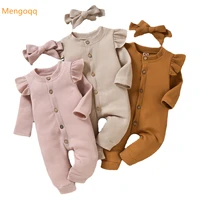newborn girls spring full sleeve ruched solid outfitsheadbands infant casual jumpsuits kids baby clothes romper 0 18m