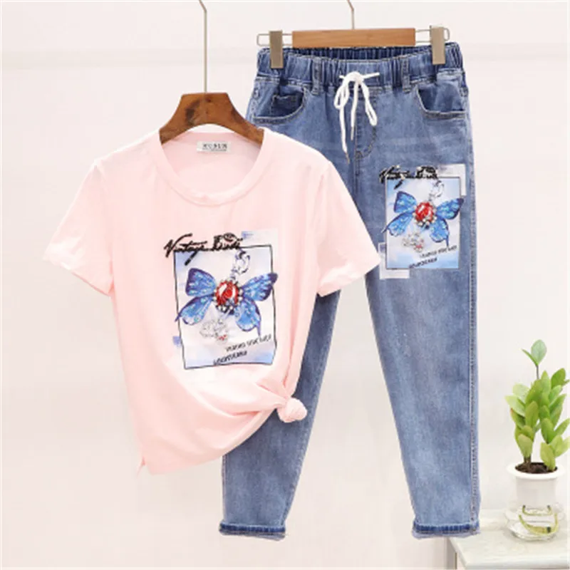 2020 летний модный женский комплект с бусинами и принтом бабочки футболка +