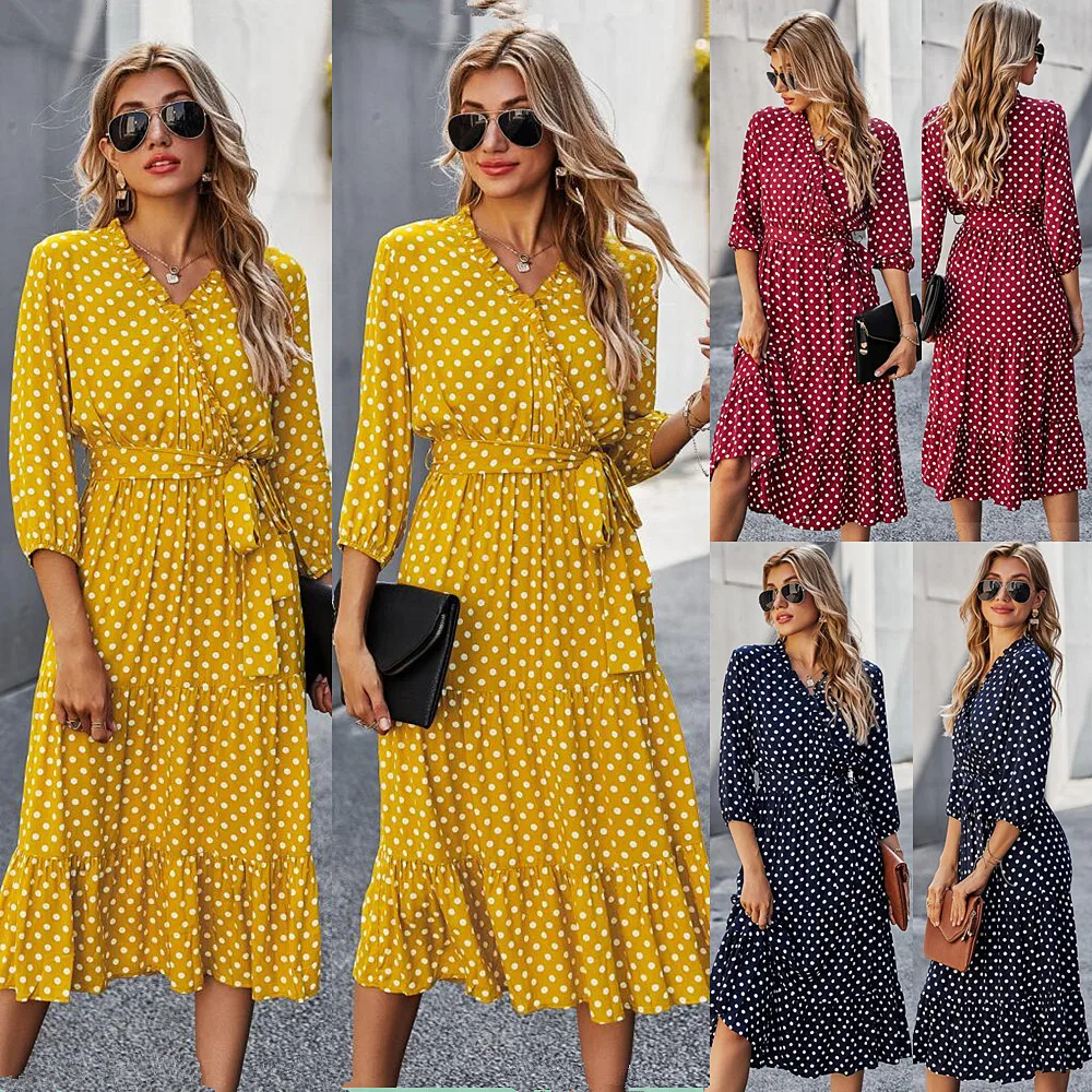 

Yg brand women's 2021 new spring and summer printed 7 / 3 sleeve lace up dress loose V-neck big swing mid long skirt