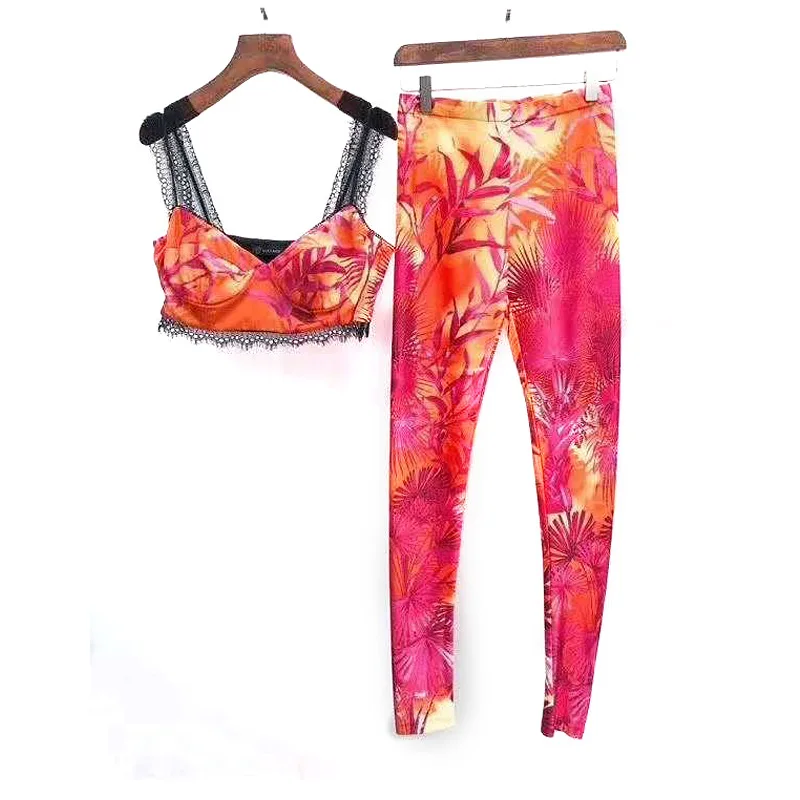 

2020 V-neck lace sexy bra short top vacation beach swiming wear and full length leggings elastic two pieces set