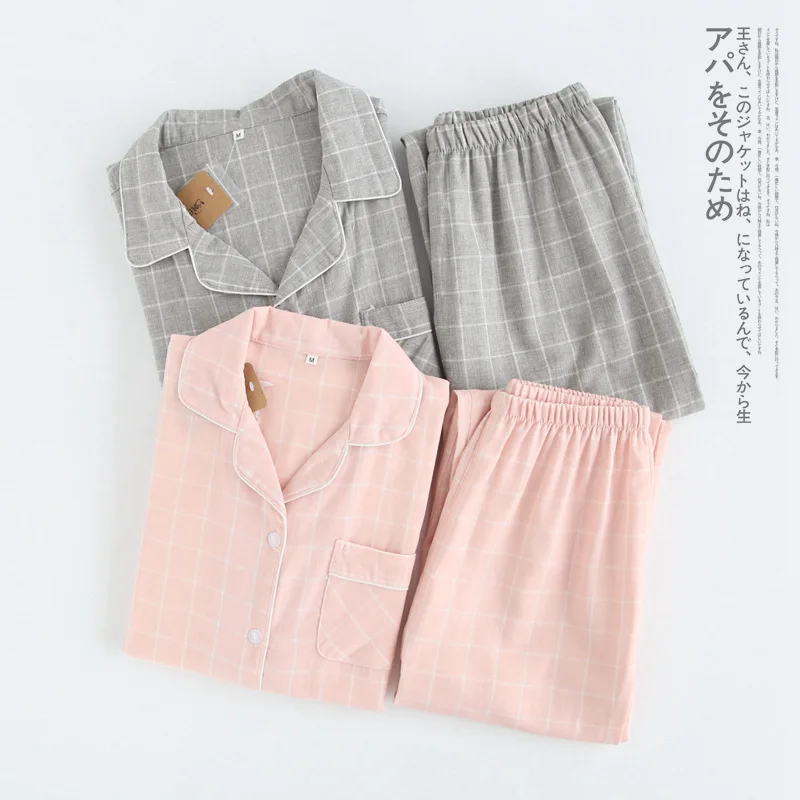 

Casual Women Sleepwear Nightwear Cotton Pajamas Plaid Pyjamas Couple 2PCS Shirt&Pants Soft Lounge Wear Pijamas Set Homewear