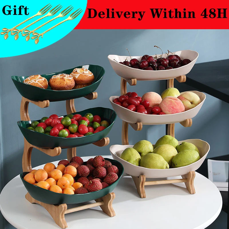 Пластиковые тарелки для фруктов с деревянным держателем 2/3 ярусов овальные