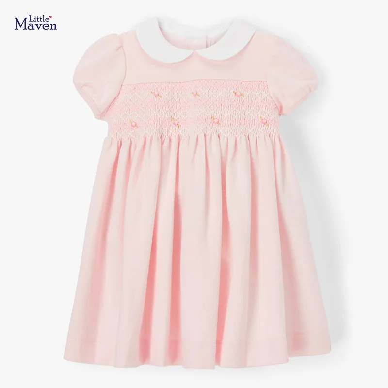 

Little Maven Frocks for Baby Girls Brand Summer Clothes Cotton Flower Toddler Peter Fan Collar Pink Dress for Kids 2-7 Years