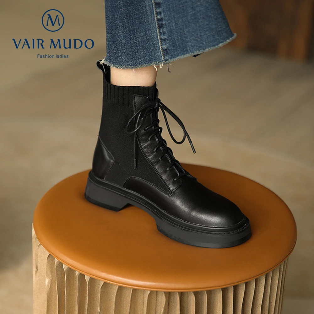 Harga VAIR MUDO Sepatu Bot Pergelangan Kaki Ujung Bulat Tebal Bawah Hitam Putih Renda Kulit Asli Ringkas Musim Semi Musim Gugur Elegan ShoesWM-X76