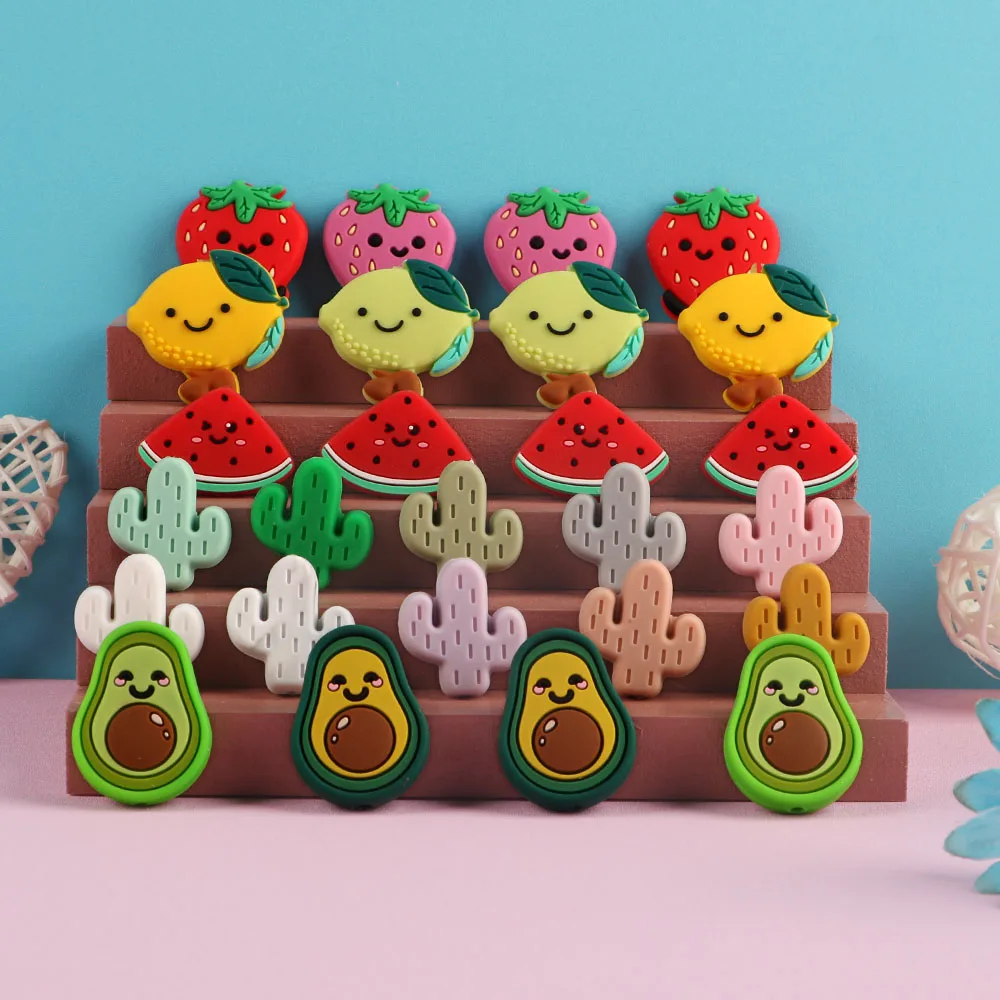 

Sunrony 10Pcs Colorful Cartoon Fruit Silicone Beads Baby Teeth Care Molar Chew Toy Gift Pacifier Chain Accessories BPA Free