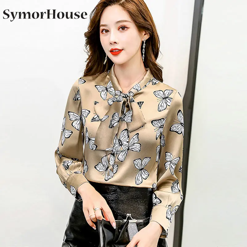 

Spring Printing Loose Women Blouses 2022 Bow Satin Shirts Long Sleeve Retro Tops Office Lady Clothes Blusas Femininas Autumn
