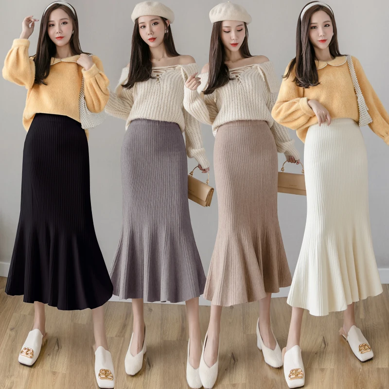 

Autumn Winter New Elegant Sweet Ladies High Waist Knitted Fishtail Girls Long Skirts For Women