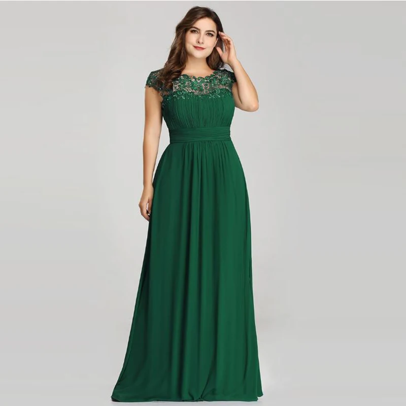 

2021 Latest Affordable Green Chiffon Lace Cap Sleeves Mother of the Bride Dresses Jewel Neck Wedding Party Gowns Cut Out Back