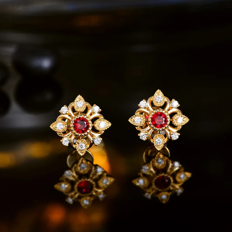 Женские серьги гвоздики LOVERJEWELRY с рубином 18 карат/AU750 желтое золото красный рубин