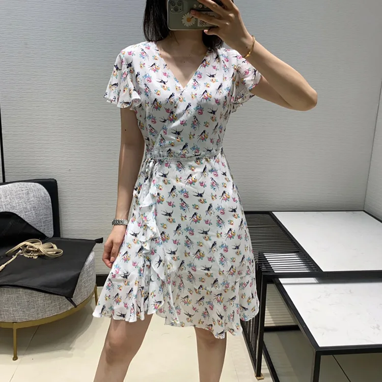 Женское мини-платье из 100% шелка с милым цветочным принтом на шнуровке лето 2020