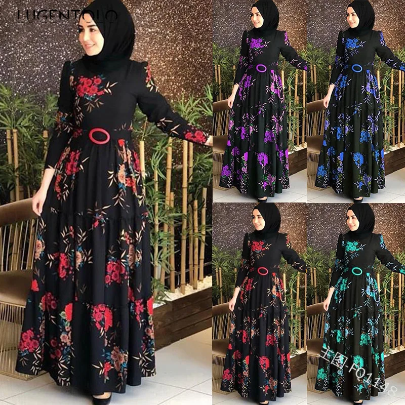 

Lugentolo Women Maxi Dress Autumn New Fashion Elegant Muslim Arab Flower-floral High Waist Plus Size 5XL Princess Long Dresses